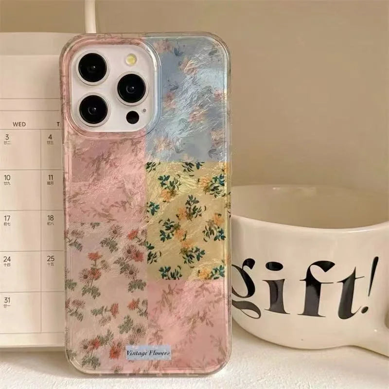 Splicing Flowers Phone Case For IPhone 16 16E 15 14 13 12 11 Pro XR XS Max 7 8 Plus Phone Shockproof Girl Cover Case Funda