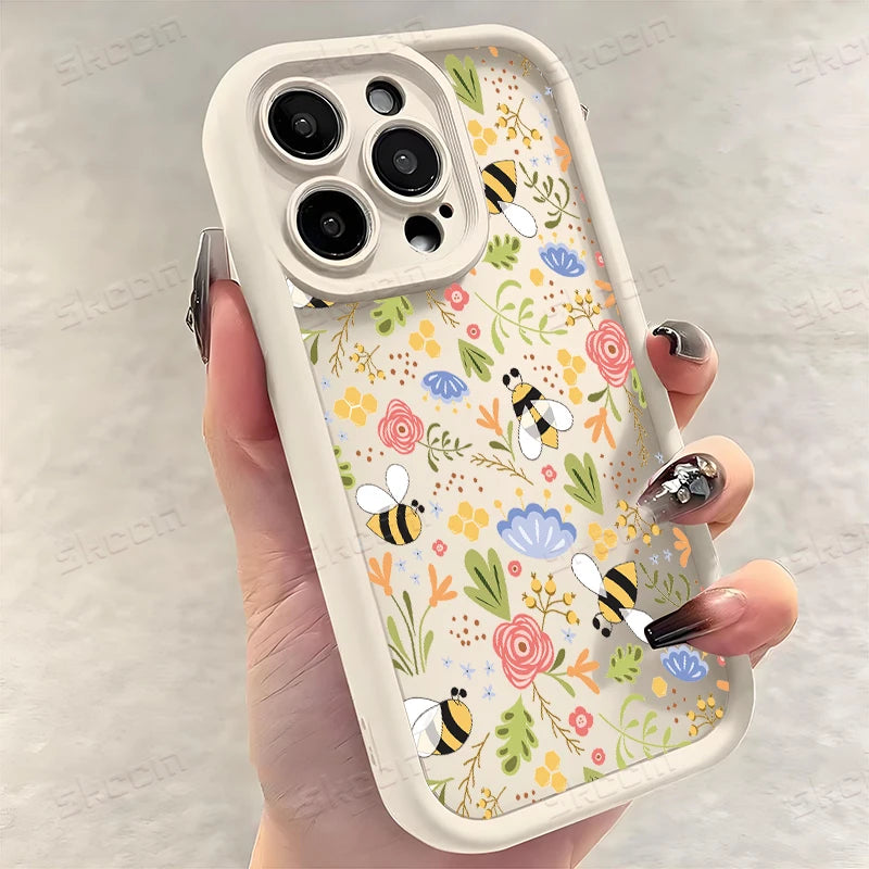 Cute Honeybee Flower Pattern Silicone Phone Case For iPhone 16 16E 15 14 13 12 11 Pro Max XS X XR 7 8 Plus SE2 Soft TPU Cover