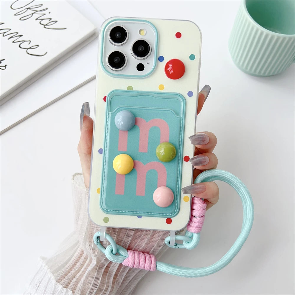 Japan Cute color bean card bag wrist strap silicone phone case for iphone 15 Pro Max 11 12 13 14 Xs Xr cartoon protection cover