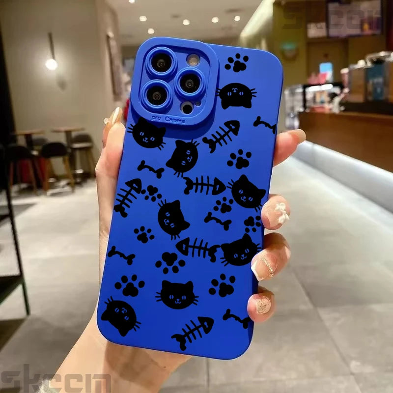 Cute Black Kitten Sketch Cat Phone Case for iPhone 16 15 14 13 12 11 Pro Max Mini XR XS X 7 8 Plus 16E Soft TPU Back Cover