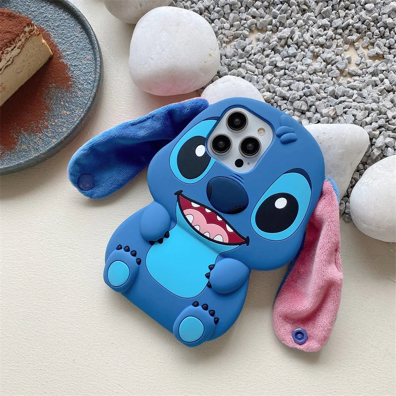 3D Fluffy Fur Plush Big Ear Cartoon Stitch Phone Case For iPhone 16 15 14 13 12 Pro Max Silicone Shockproof Protective Cover