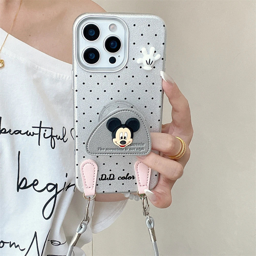 Disney 3D Mickey Stand Holder Polka Leather Case for iPhone 16 15 14 Plus 13 12 11 Pro Max Wrist Hand Strap Shockproof Cover