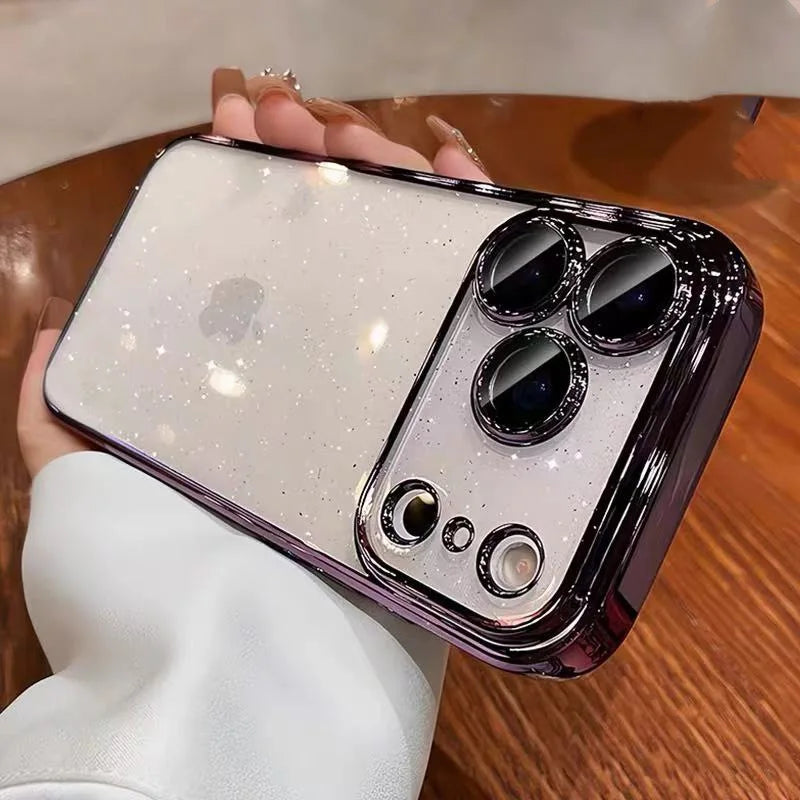 Luxury Slim Transparent Glitter PC Case for iPhone 17 16 15 14 11 13 12 Pro Max 17 Pro Cases Clear Camera Lens Protector  Cover