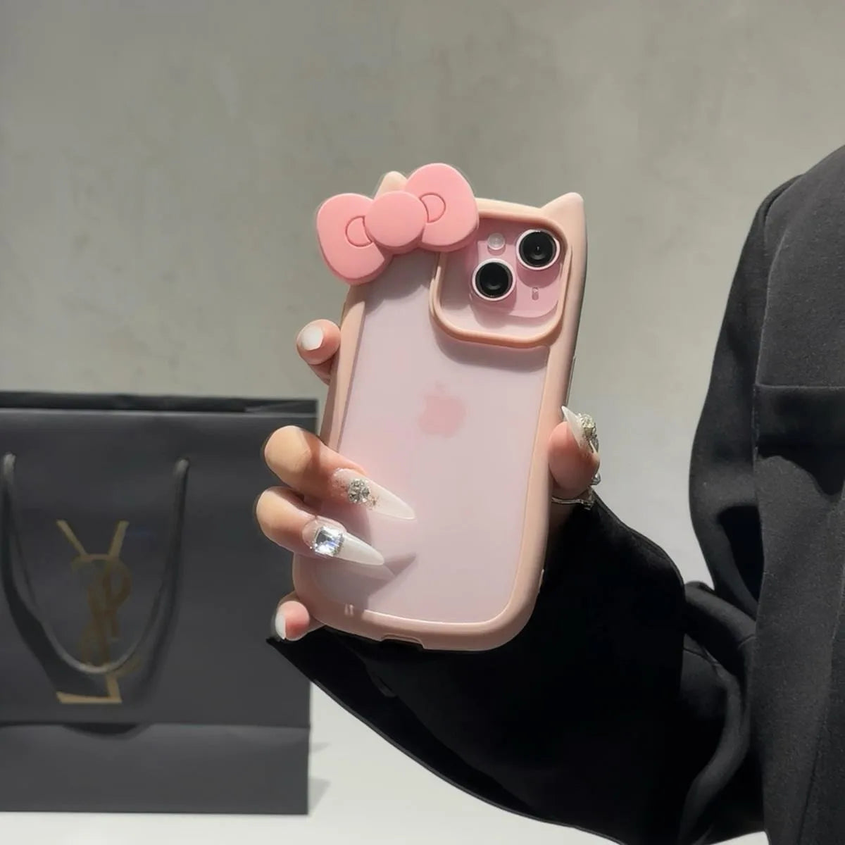 Cute Bowknot Silicone Cat Ear Case For iPhone 16 16E 15 14 Pro Max 13 12 11 Plus Clear Shockproof Hard Acrylic Bumper Back Cover