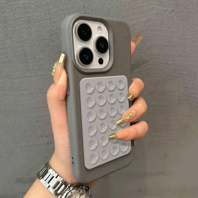 Luxury 3D Suction Cup Stand Litchi Pattern Phone Case For iPhone 16 15 14 Pro Max Plus 11 12 13 Pro 14 15 Plus XR XS 16E Cover