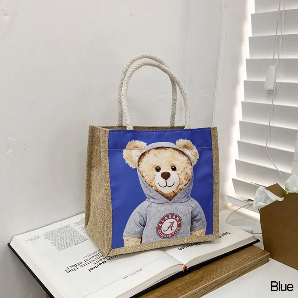 Cute Bear Print Pendant Handbag for Xmas Casual Linen Canvas Top-handle Gift Bag Fashion Shopping Bag Women Ladies Girl Handbag