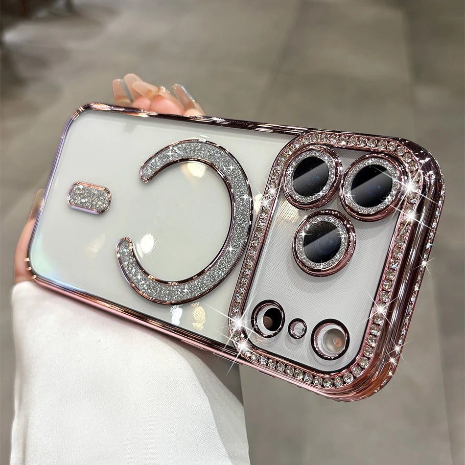 For iPhone 17 Air 17 Pro Max Luxury Girl's Case Bling Diamond Lens Film Magsafe Cover Case for iPhone 16 15 14 13 12 11 Pro Max