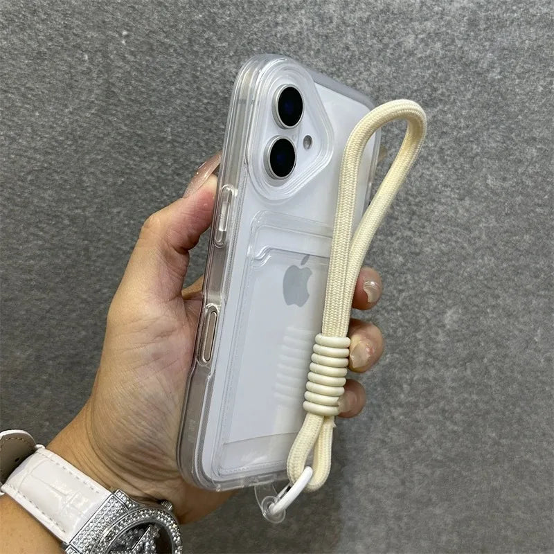 Luxury Card Slot Bag Clear With lanyard Phone Case For iPhone 11 12 13 14 15 Pro Max 16 Plus XS Shockproof Bumber Soft TPU Cover