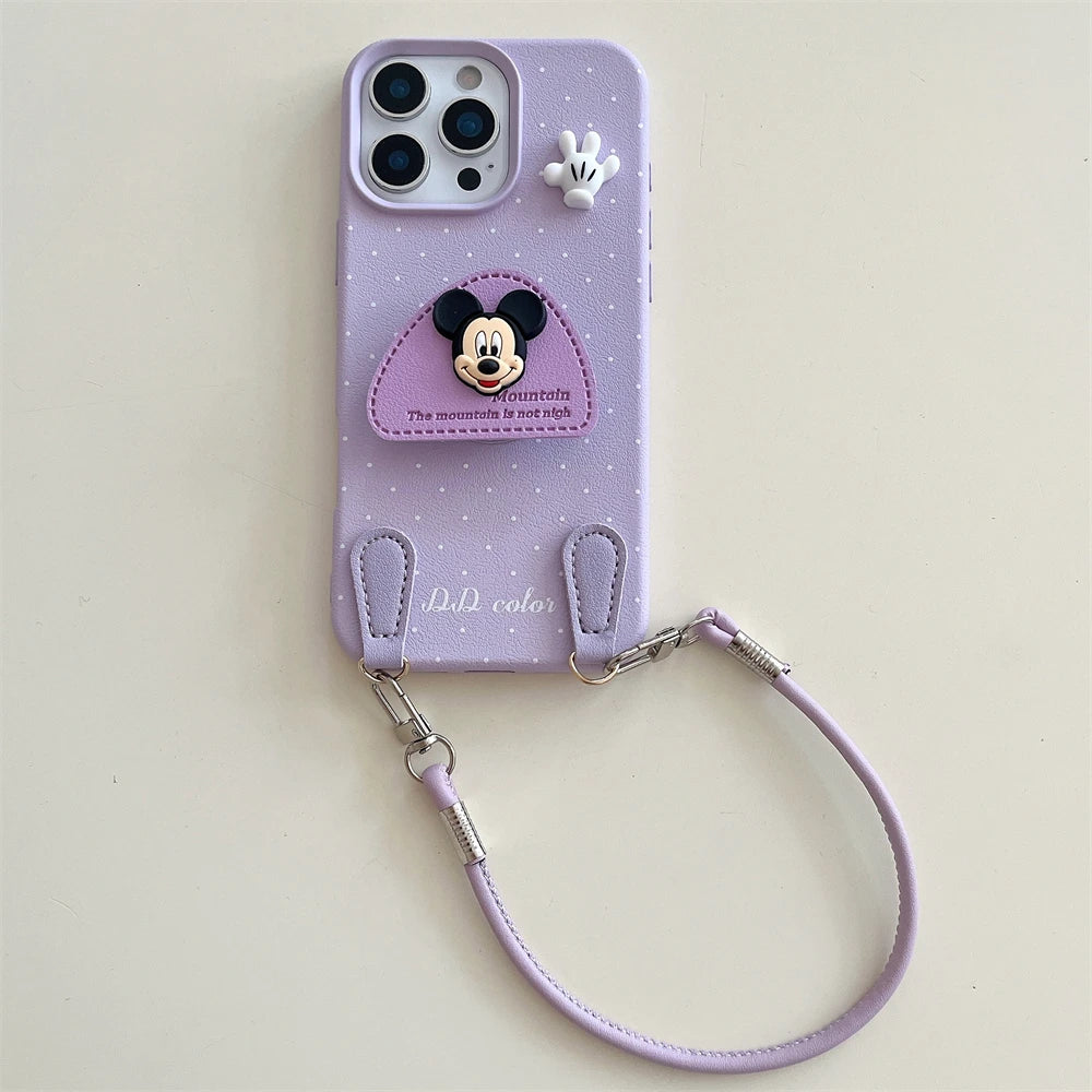 Disney 3D Mickey Stand Holder Polka Leather Case for iPhone 16 15 14 Plus 13 12 11 Pro Max Wrist Hand Strap Shockproof Cover
