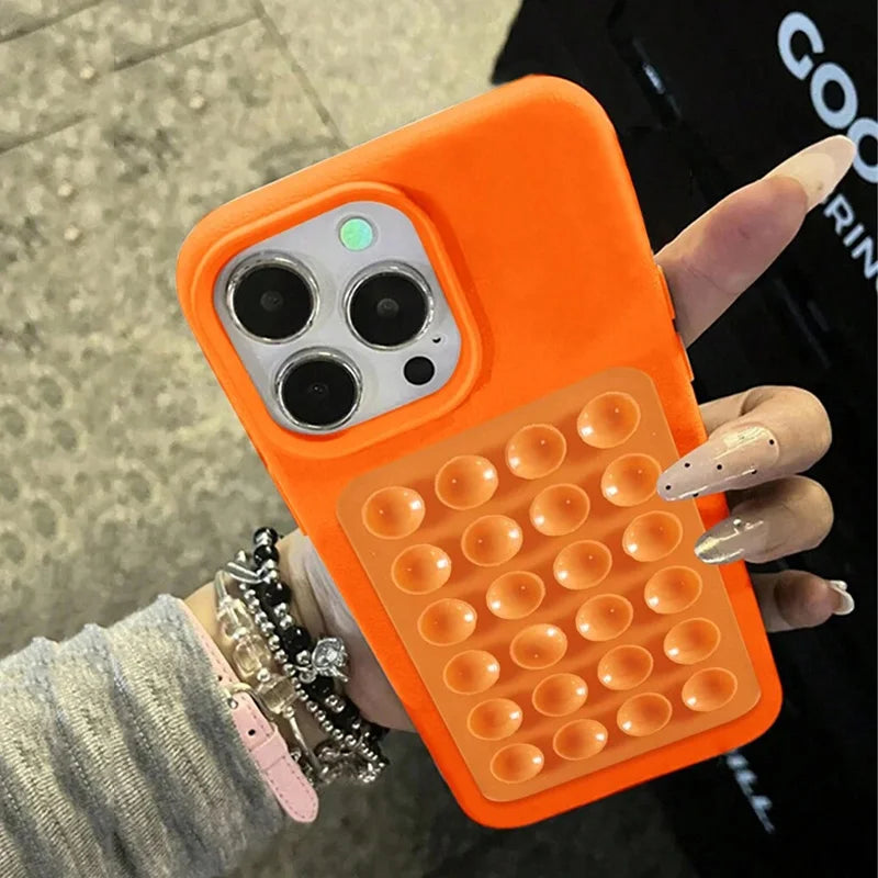 Luxury 3D Suction Cup Stand Litchi Pattern Phone Case For iPhone 16 15 14 Pro Max Plus 11 12 13 Pro 14 15 Plus XR XS 16E Cover