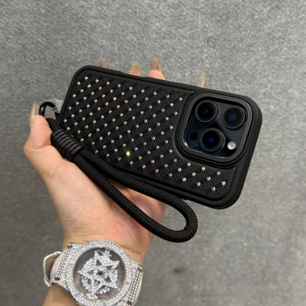 Luxury Flash Diamond Wrist Strap Lanyard Phone Case For iPhone 16e 15 14 13 12 11 Pro Max 16 Plus Sparkling Shockproof Cover