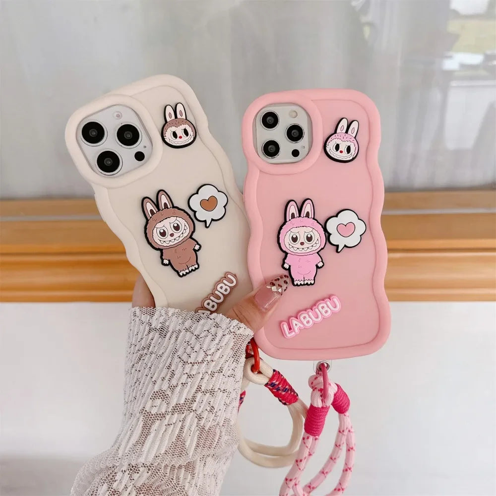 Cute Cartoon Wrist Strap Phone Case for IPhone 16 15 14 13 12 11 Pro Max XS X XR 7 8 Plus Silicone Soft Protective Cover