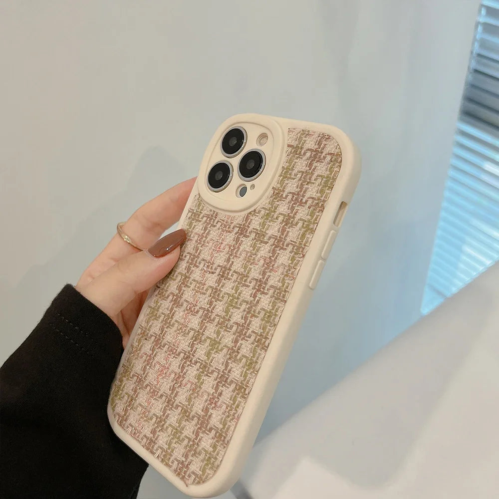 Classic Knitted Check Houndstooth Phone Case for iPhone17 16 15 14 12 13 11 Pro ProMax Plus X XR Xsmax Shockproof Soft Cover