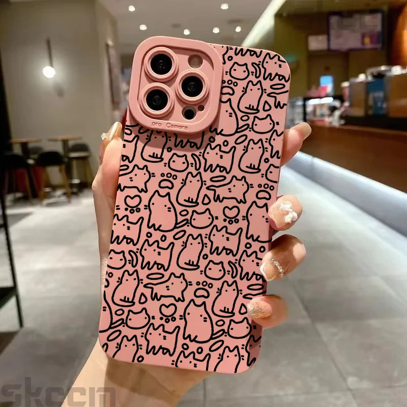 Cute Black Kitten Sketch Cat Phone Case for iPhone 16 15 14 13 12 11 Pro Max Mini XR XS X 7 8 Plus 16E Soft TPU Back Cover