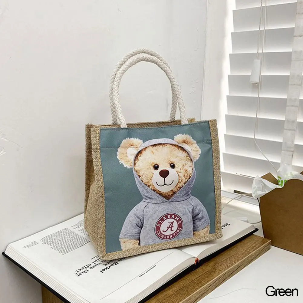 Cute Bear Print Pendant Handbag for Xmas Casual Linen Canvas Top-handle Gift Bag Fashion Shopping Bag Women Ladies Girl Handbag