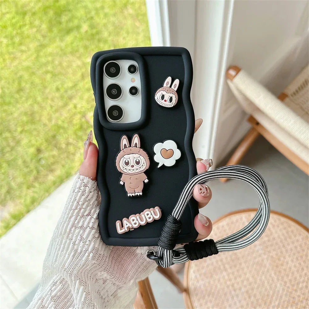 Cartoon Cute Wrist Strap Cover for Samsung Galaxy S21 FE S25 S24 S22 Ultra S23 Plus A06 A55 A35 A54 A34 Phone Case Soft