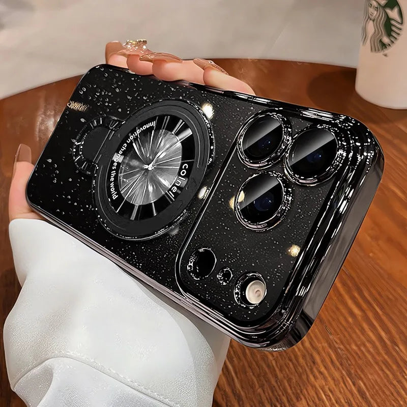 Luxury Glitter for Magsafe Bracket Case for iPhone 17 16 15 Pro Max Air 14 12 13 11 Transparent Stand Camera Film Hard PC Cover