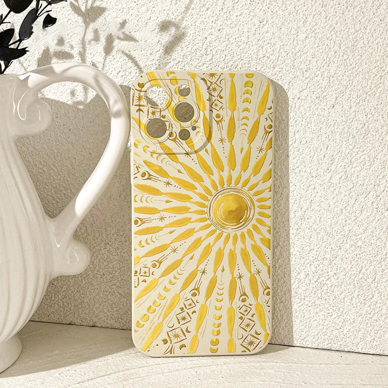 Art Summer Style Golden Sun Phone Case For iPhone 17 11 12 13 14 15 16 Pro Max XS XR 7 8 Plus 16E Shockproof Soft Silicone Cover