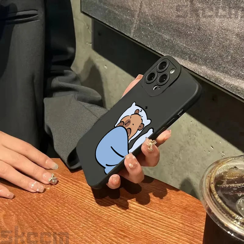 Cute Cartoon Capybara Couple Phone Case For iPhone 15 Pro Max 16 14 11 13 12 XS X XR 16E 7 8 Plus Shockproof Bumper Cover