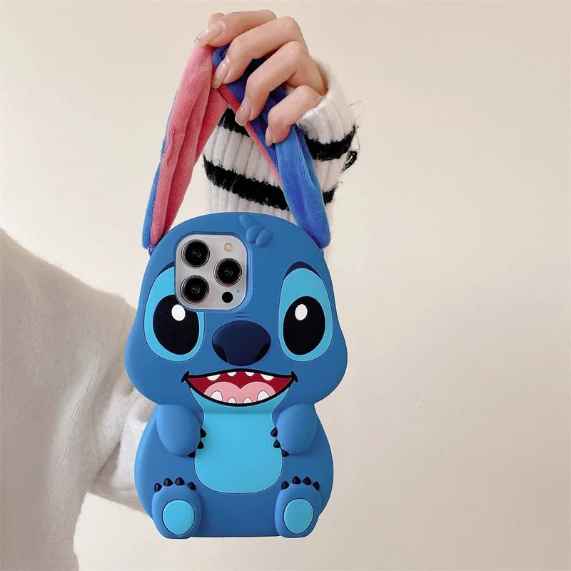 3D Fluffy Fur Plush Big Ear Cartoon Stitch Phone Case For iPhone 16 15 14 13 12 Pro Max Silicone Shockproof Protective Cover