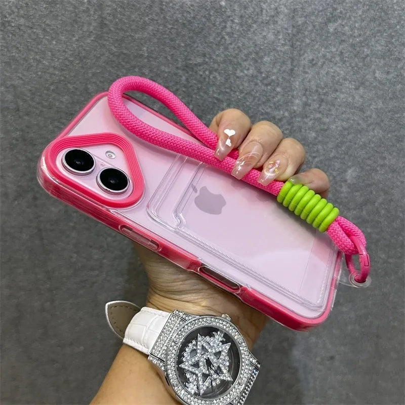Luxury Card Slot Bag Clear With lanyard Phone Case For iPhone 11 12 13 14 15 Pro Max 16 Plus XS Shockproof Bumber Soft TPU Cover