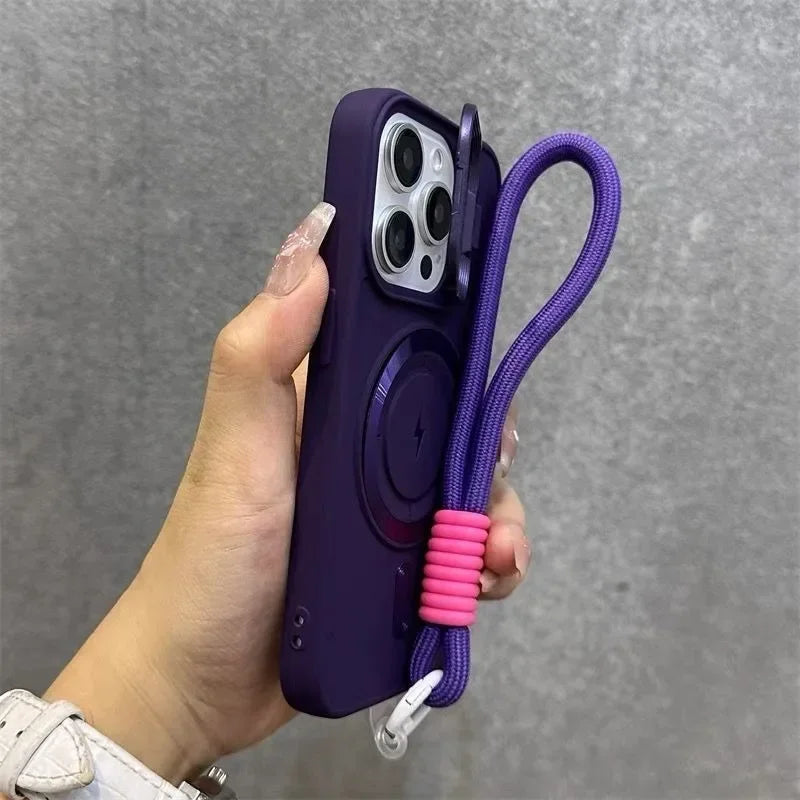 Luxury Flip Up Lens Holder Magnetic Case for iPhone 16 15 14 13 12 11 Pro Max 16 Plus Fashion Nylon Wristband Lanyard Soft Cover