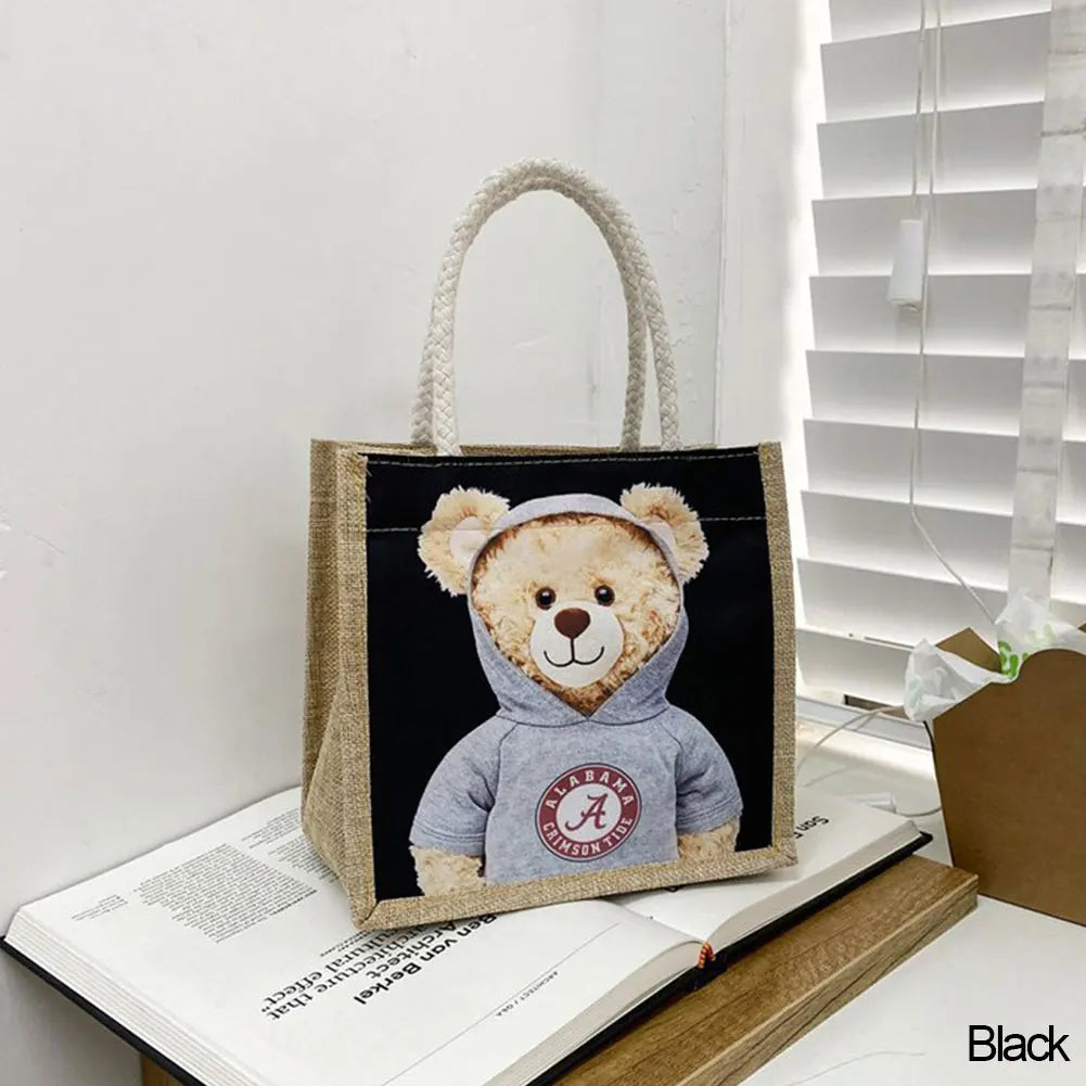 Cute Bear Print Pendant Handbag for Xmas Casual Linen Canvas Top-handle Gift Bag Fashion Shopping Bag Women Ladies Girl Handbag