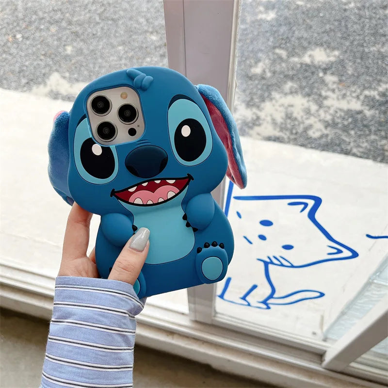 3D Fluffy Fur Plush Big Ear Cartoon Stitch Phone Case For iPhone 16 15 14 13 12 Pro Max Silicone Shockproof Protective Cover