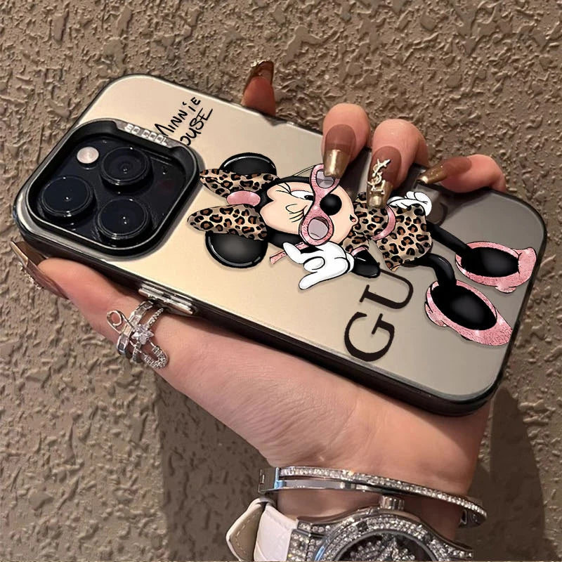 Fashion Leopard Print Minnie Plating Matte Case for iPhone 16 15 14 13 12 11 Pro Max XS X XR 8 7 Plus SE 2020 Shockproof Cover