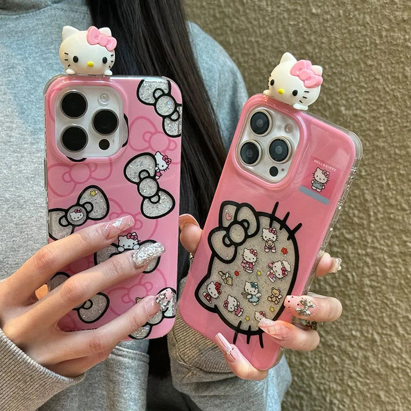 For iPhone 16 Pro Max Carved Hello Kitty Head Toy for iPhone 15 Pro 14 13 12 11 X XS XR 7 8 SE Cartoon Blink Glitter Phone Case