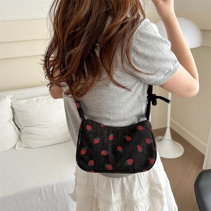 Fashionable Small Women Underarm Bag Corduroy Strawberry Print Cute Mini Shoulder Purse Half Moon Design Eco Friendly Cloth Tote