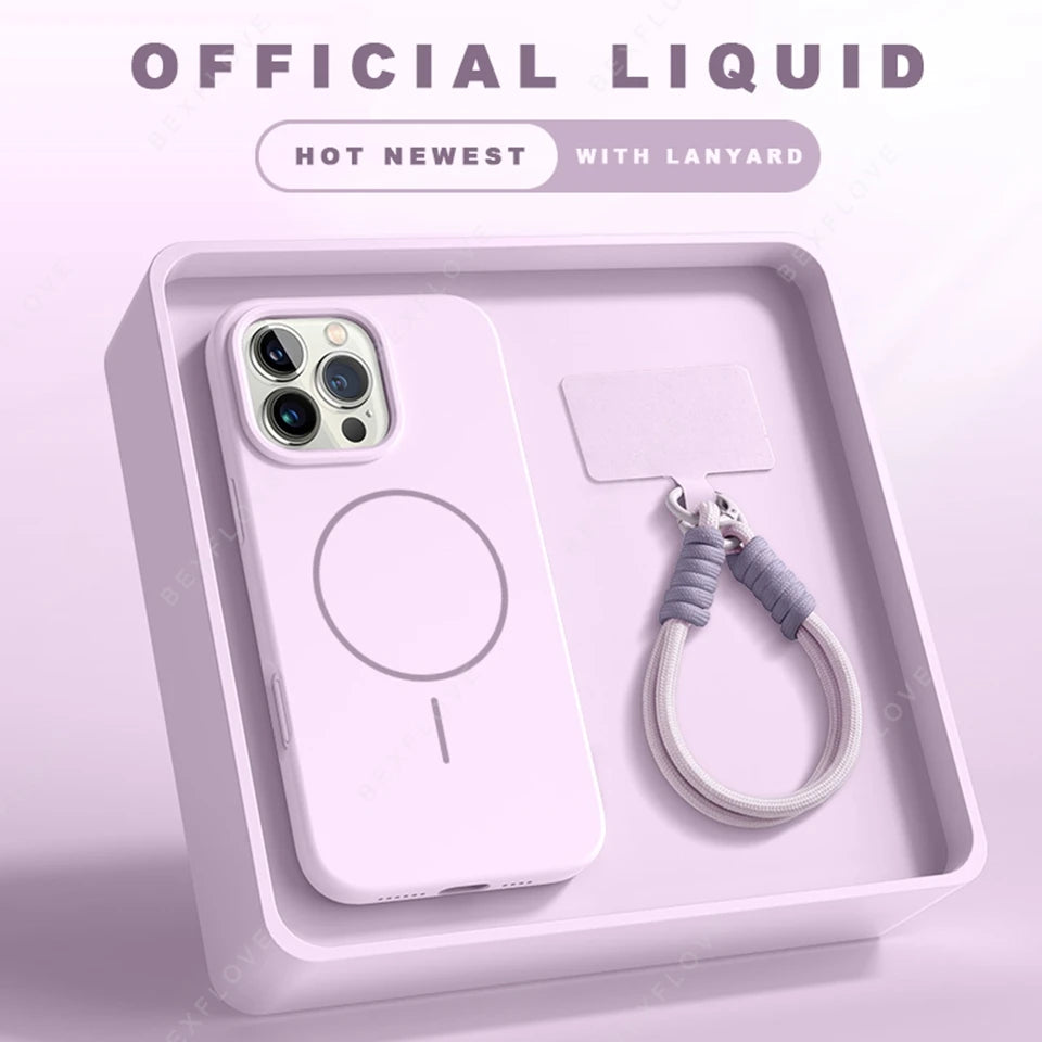 Magnetic Phone Case For iPhone 15 14 16 Plus 11 12 13 16 Pro Max Silicone Official Lanyard Magsafe Strap Protector Soft Cover