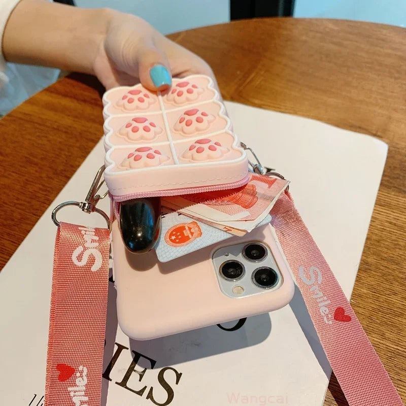 Purse Lanyard Wallet Phone Cases For Samsung Galaxy A82 A22 A02 A32 A02S A72 A52 A12 M12 A42 M51 M31S Cat Claw Card Stand Cover