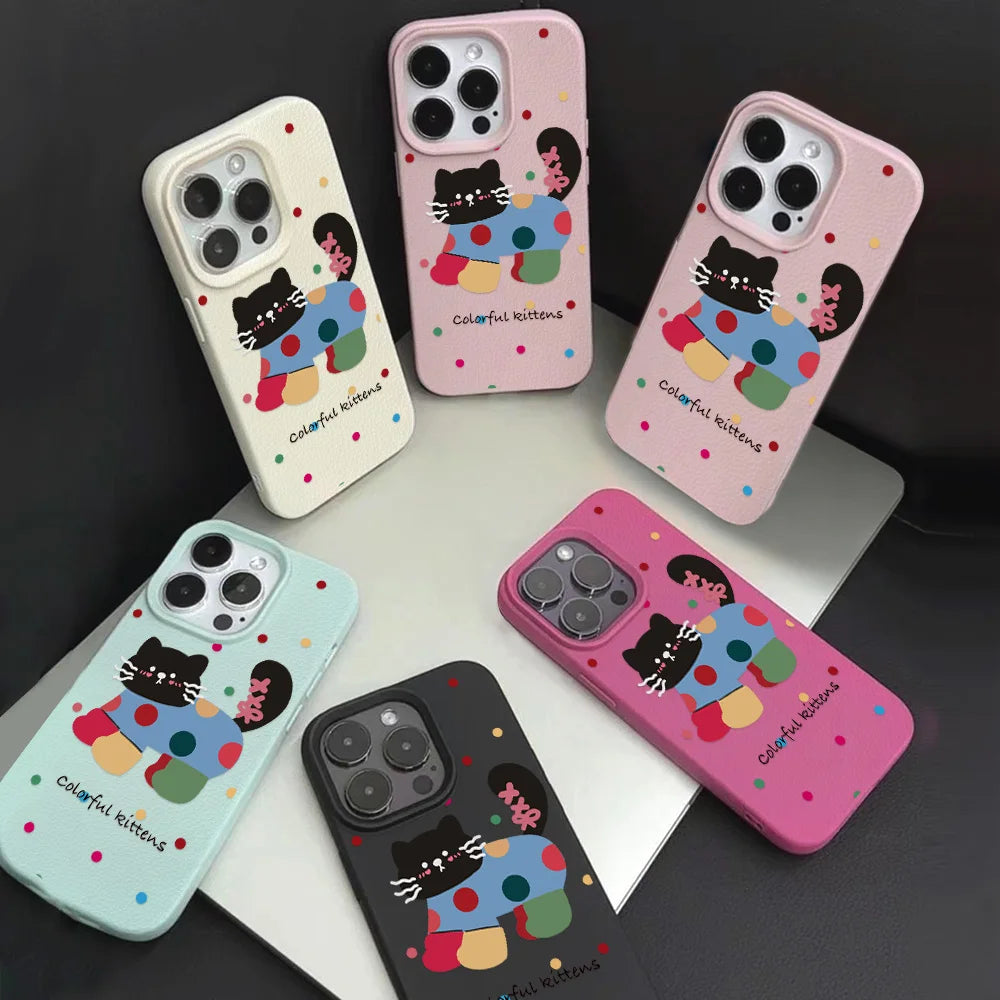 Cute Cartoon Black Cat Dots Leather Phone Case For iPhone 11 Case iPhone 16 14 12 15 13 Pro Max 16 15 Plus Soft Silicone Cover
