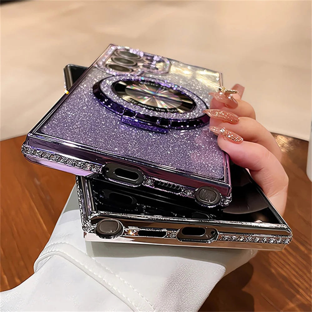 Luxury Glitter For Magsafe Magnetic Ring Stand Case for Samsung Galaxy S25 S24 S23 Ultra S22 Plus A55 A35 A25 A15 Diamond Cover