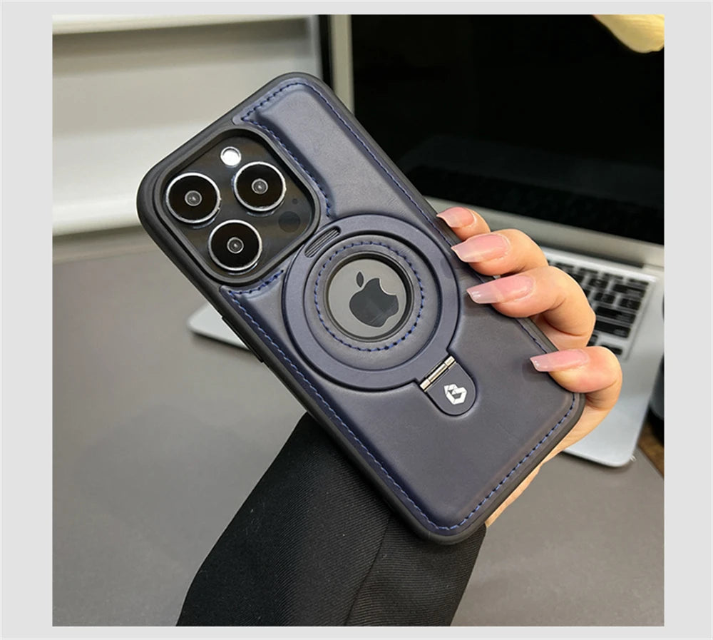Luxury Magnetic Stand Ring PU Leather Phone Case For iPhone 16 15 14 13 12 Pro Max Magsafe Wireless Charging Hollow Logo Cover