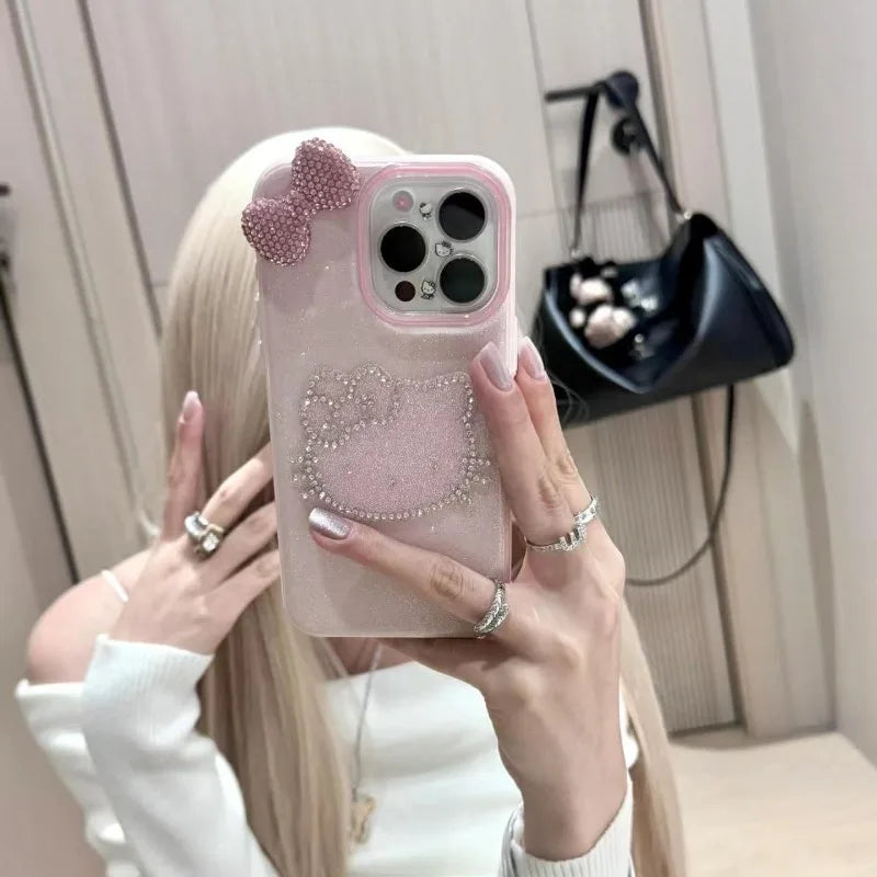 Girly Heart Hello Kitty Anime Kawaii Sanrio Diamond Pendant Phone Case Cute Cartoon Suitable for iphone Apple 16promax Cover