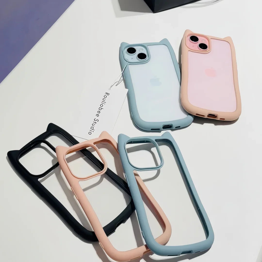 Cute Cat Ear Transparent Case For iPhone 17Air 12 13 14 15 16 Pro Max 11 Shockproof Acrylic Back Cover Silicone Kawaii Funda