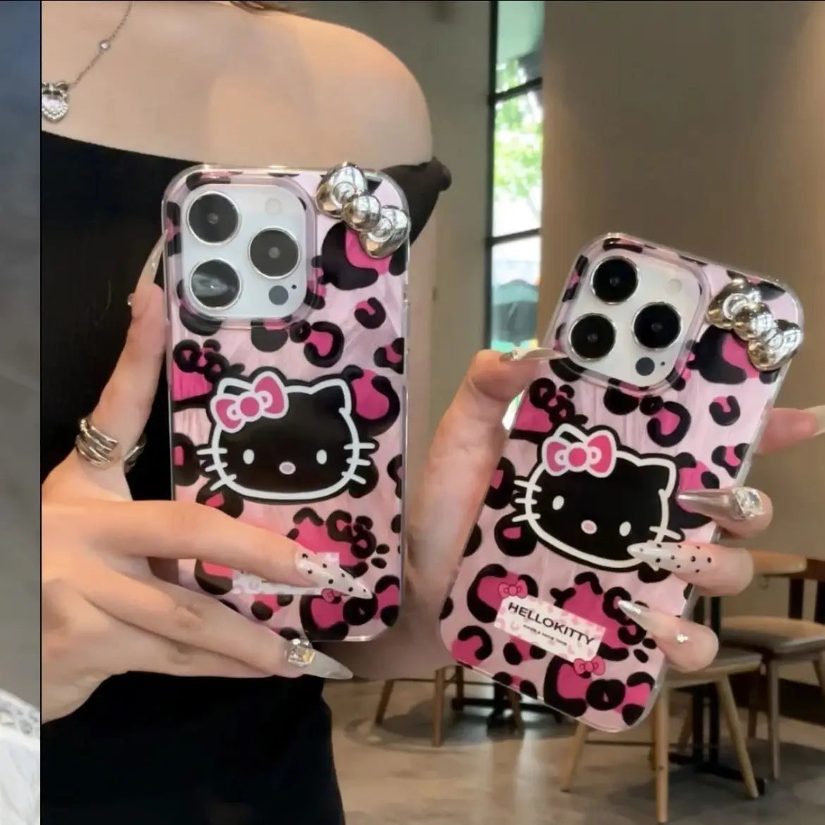 Pink Leopard Print HelloKitty Bow Mobile Phone Case For iPhone 15 14 13 12 11 Pro Max XR XS 7 8 Plus Silicone Laser Covers Y2K
