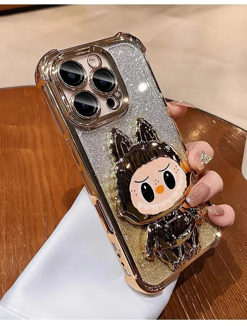Cute L-La-bubuES Phone Case for iPhone 16 15 14 13 12 11 Pro Max Plus 16E X XR Shockproof Plating Silicone Glitter Powder Cover