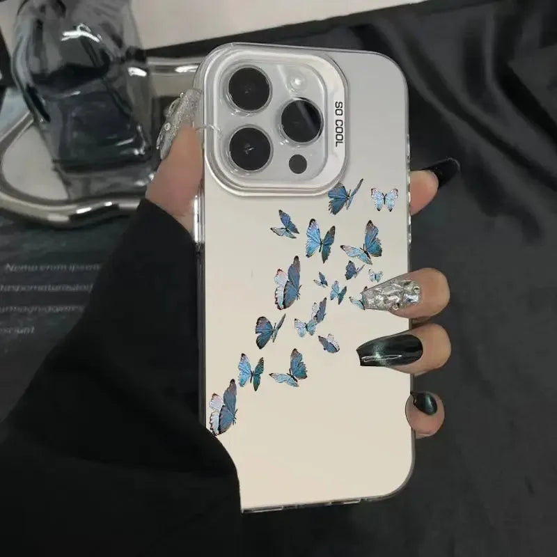 For iPhone 16 15 14 Plus 13 12 11 Pro MAX 16E Shockproof Drawing Butterfly Lens Protect Plating Phone Cover Case