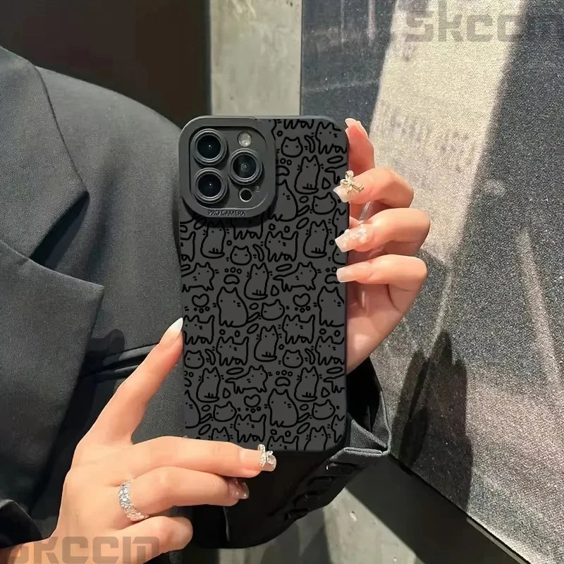 Cute Black Kitten Sketch Cat Phone Case for iPhone 16 15 14 13 12 11 Pro Max Mini XR XS X 7 8 Plus 16E Soft TPU Back Cover
