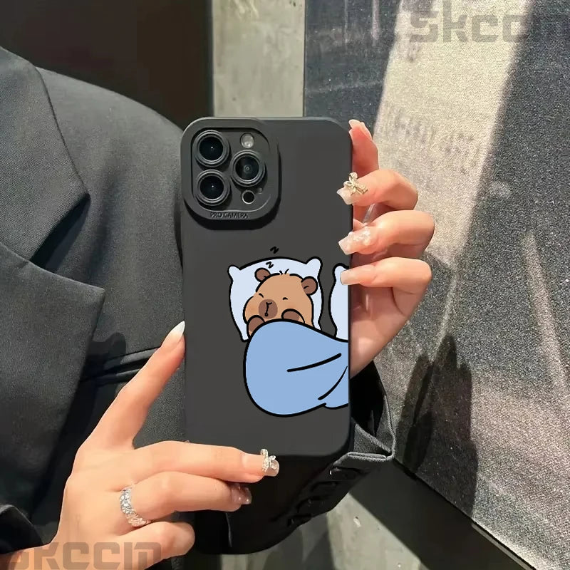 Cute Cartoon Capybara Couple Phone Case For iPhone 15 Pro Max 16 14 11 13 12 XS X XR 16E 7 8 Plus Shockproof Bumper Cover