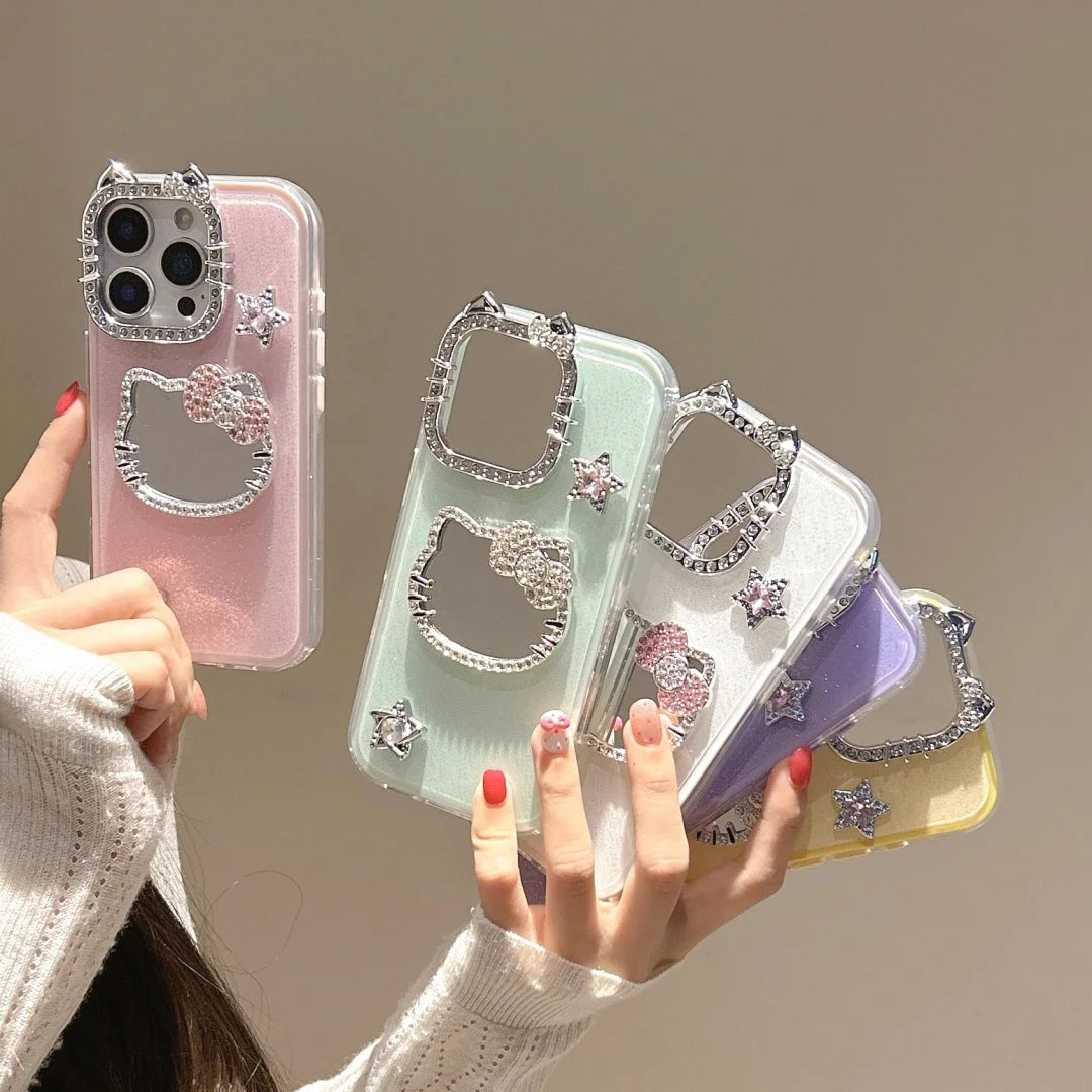 Fashion Diamond Glitter Make UP Mirror 3D Cute Cat Ears  Phone Case For iPhone 16 15 14 13 12 11 Pro Max Plus Cover
﻿﻿﻿﻿﻿