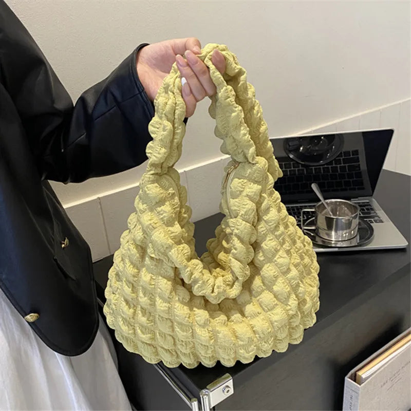 Crossbody Bag With Pleated Design Embroidered Plaid Shoulder Bag Underarm Bags Simple Large Capacity Quilted Tote Bags For Women