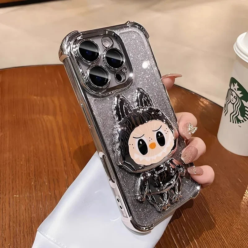 Cute L-La-bubuES Phone Case for iPhone 16 15 14 13 12 11 Pro Max Plus 16E X XR Shockproof Plating Silicone Glitter Powder Cover