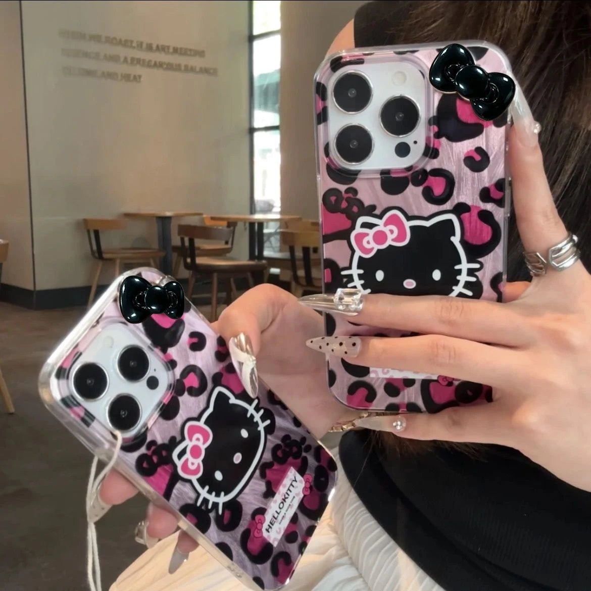 Pink Leopard Print HelloKitty Bow Mobile Phone Case For iPhone 15 14 13 12 11 Pro Max XR XS 7 8 Plus Silicone Laser Covers Y2K