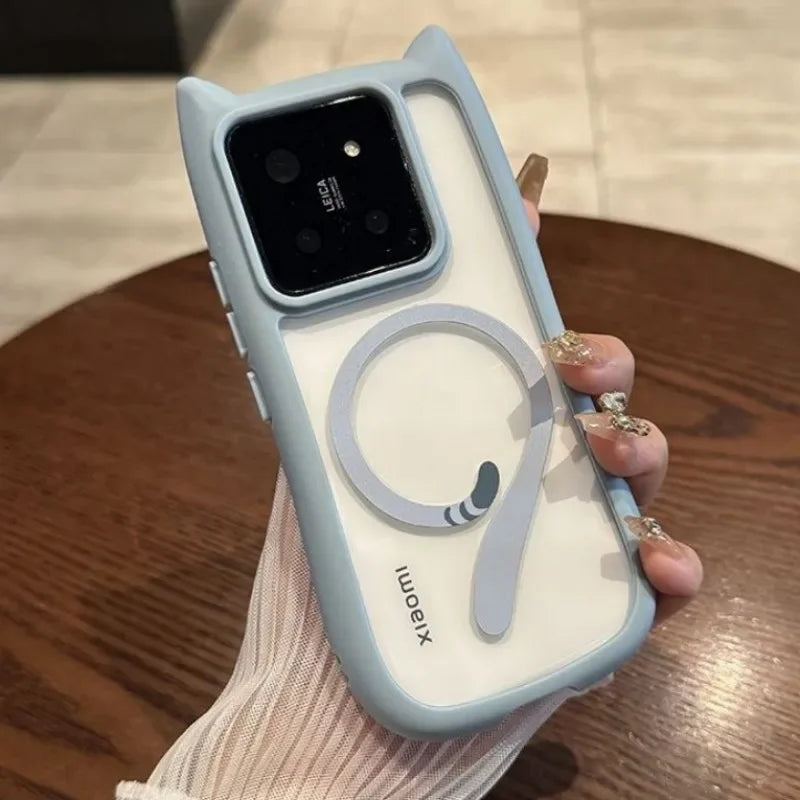 Magnetic Magsafe Lovely Cat Ear Clear Case For Xiaomi 15 Ultra 14 Pro 14 Redmi Note 13 5G Hard Shockroof Wireless Charge Cover