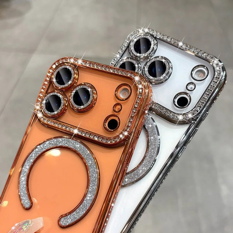 For iPhone 17 Air 17 Pro Max Luxury Girl's Case Bling Diamond Lens Film Magsafe Cover Case for iPhone 16 15 14 13 12 11 Pro Max