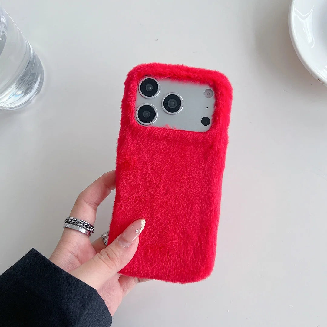 Winter Warm Fur Fluffy Phone Case for iPhone 17 Pro Max 16 15 14 13 Pro Max Solid Color Plush Sweater Girl Protection Cover